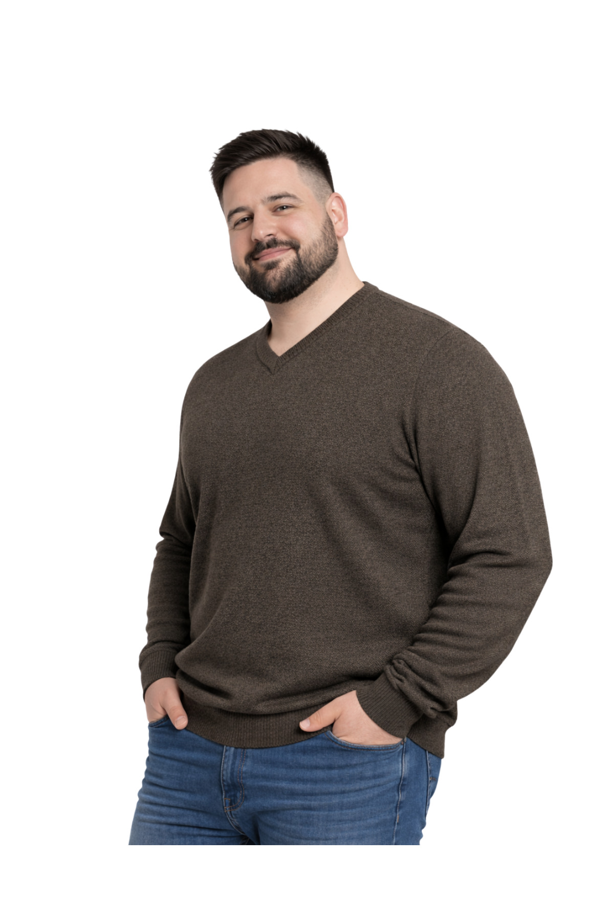 BattalModa Erkek Büyük Beden Koyu Vizon V Yaka Triko Kazak 3XL-4XL-5XL-6XL görsel 2