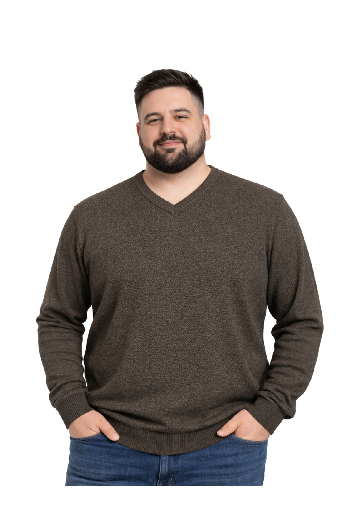 BattalModa Erkek Büyük Beden Koyu Vizon V Yaka Triko Kazak 3XL-4XL-5XL-6XL