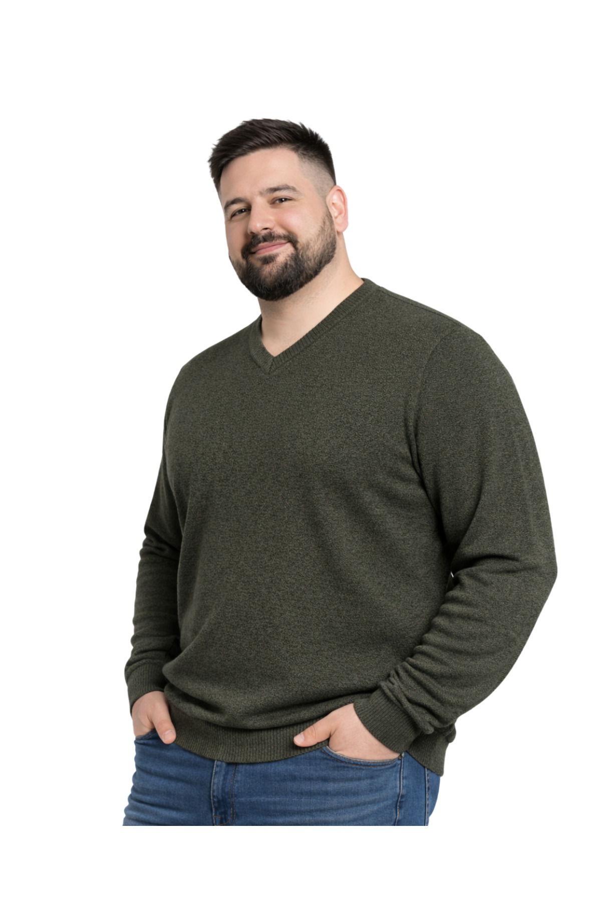 BattalModa Erkek Büyük Beden Haki V Yaka Triko Kazak 3XL-4XL-5XL-6XL görsel 2