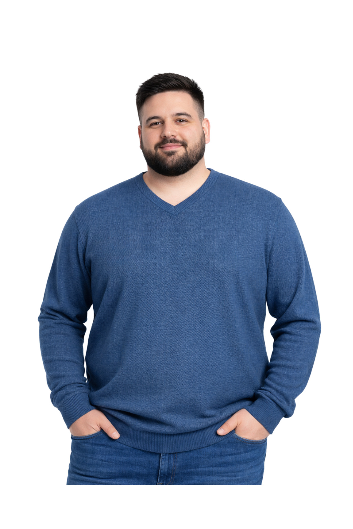 BattalModa Erkek Büyük Beden İndigo V Yaka Triko Kazak 3XL-4XL-5XL-6XL