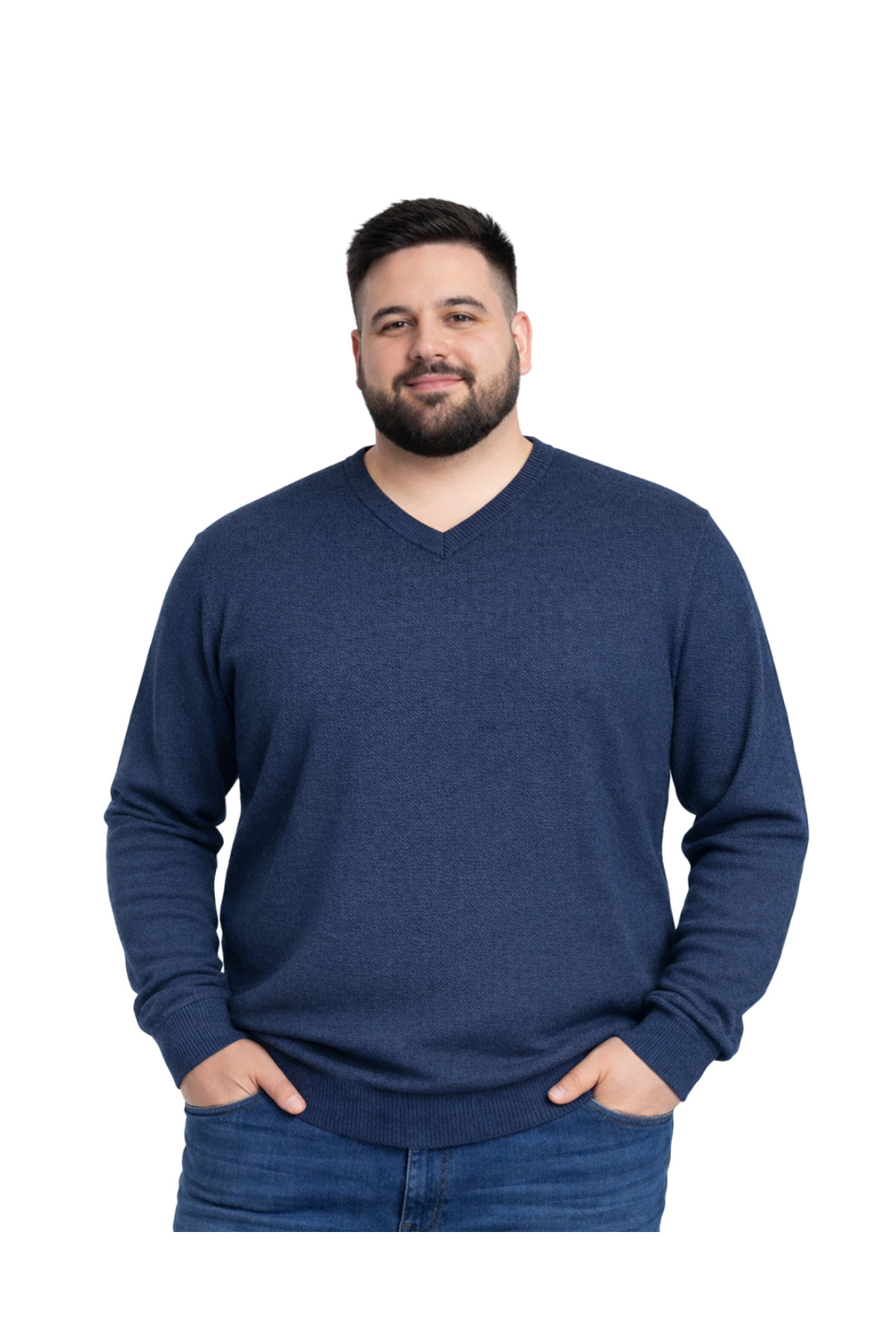 BattalModa Erkek Büyük Beden Melanj Lacivert V Yaka Triko Kazak 3XL-4XL-5XL-6XL