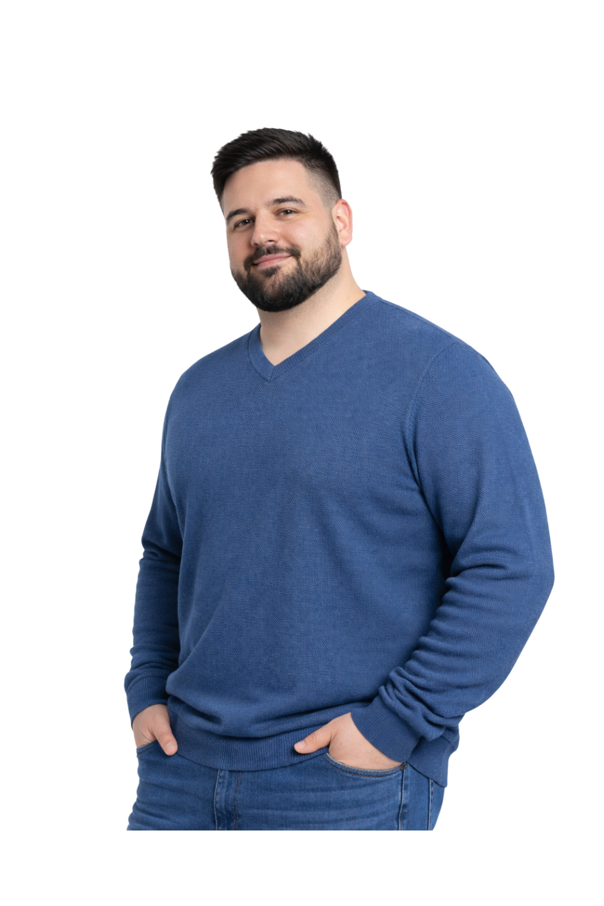 BattalModa Erkek Büyük Beden İndigo V Yaka Triko Kazak 3XL-4XL-5XL-6XL görsel 2