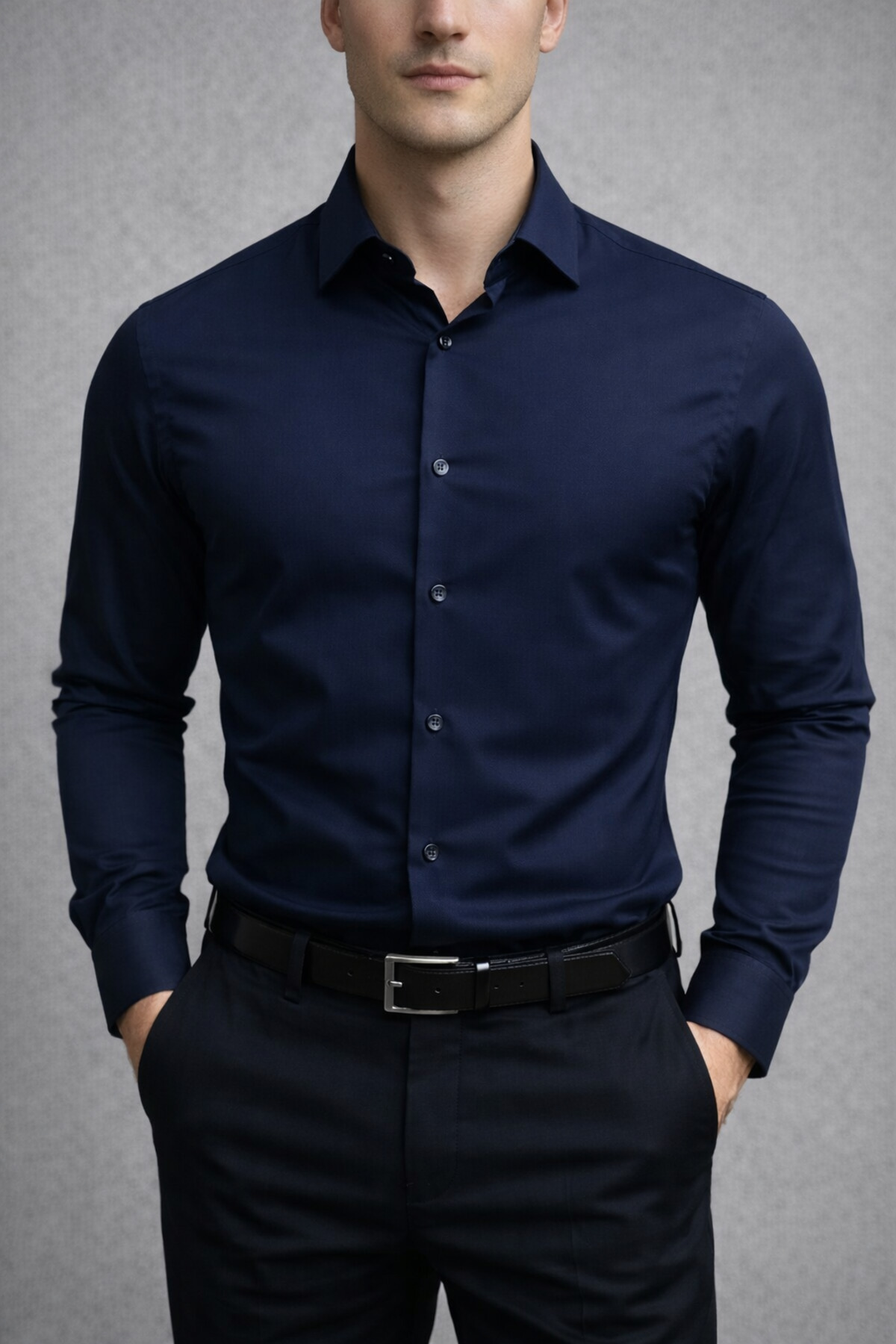 Slim Fit Uzun Kollu Kolay Ütü Teri Emen Nefes Alan Doku Kravatlık Dört Mevsim Erkek Gömlek — سرمه‌ای ZKV-5000