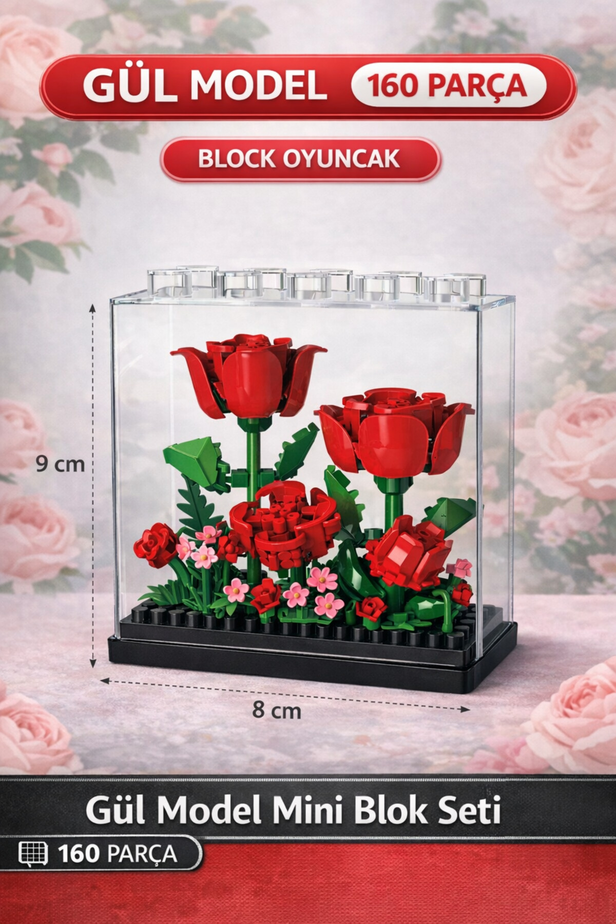 YILDIRIM OYUNCAK Gül Model Mini Blok Yapım Seti 160 Parça – Şeffaf Fanus Dekoratif Blok Gül Yapım Seti(8x8x9 cm) fotoğrafı 2 (önizleme)