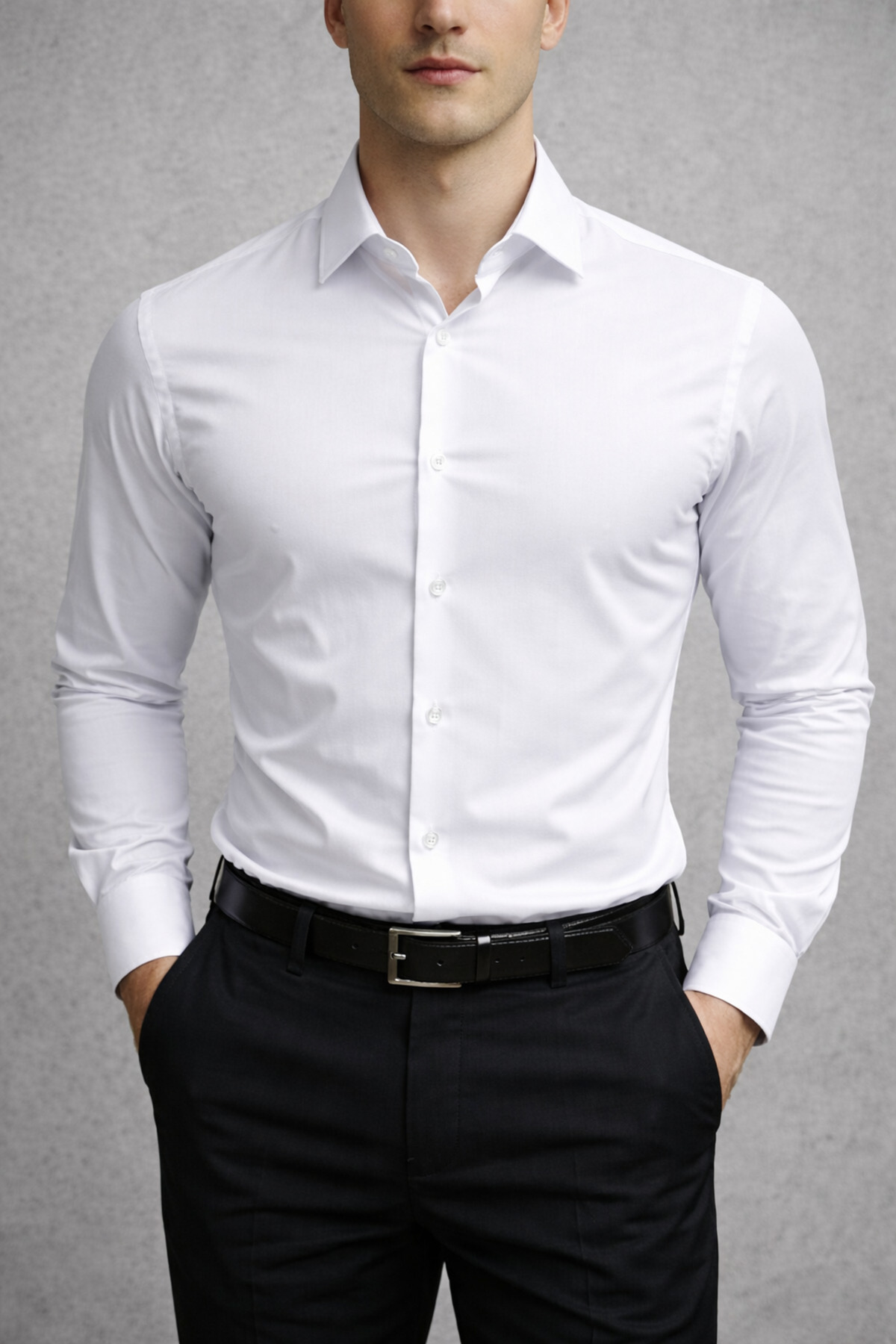 Slim Fit Uzun Kollu Kolay Ütü Teri Emen Nefes Alan Doku Kravatlık Dört Mevsim Erkek Gömlek — سفید ZKV-5000