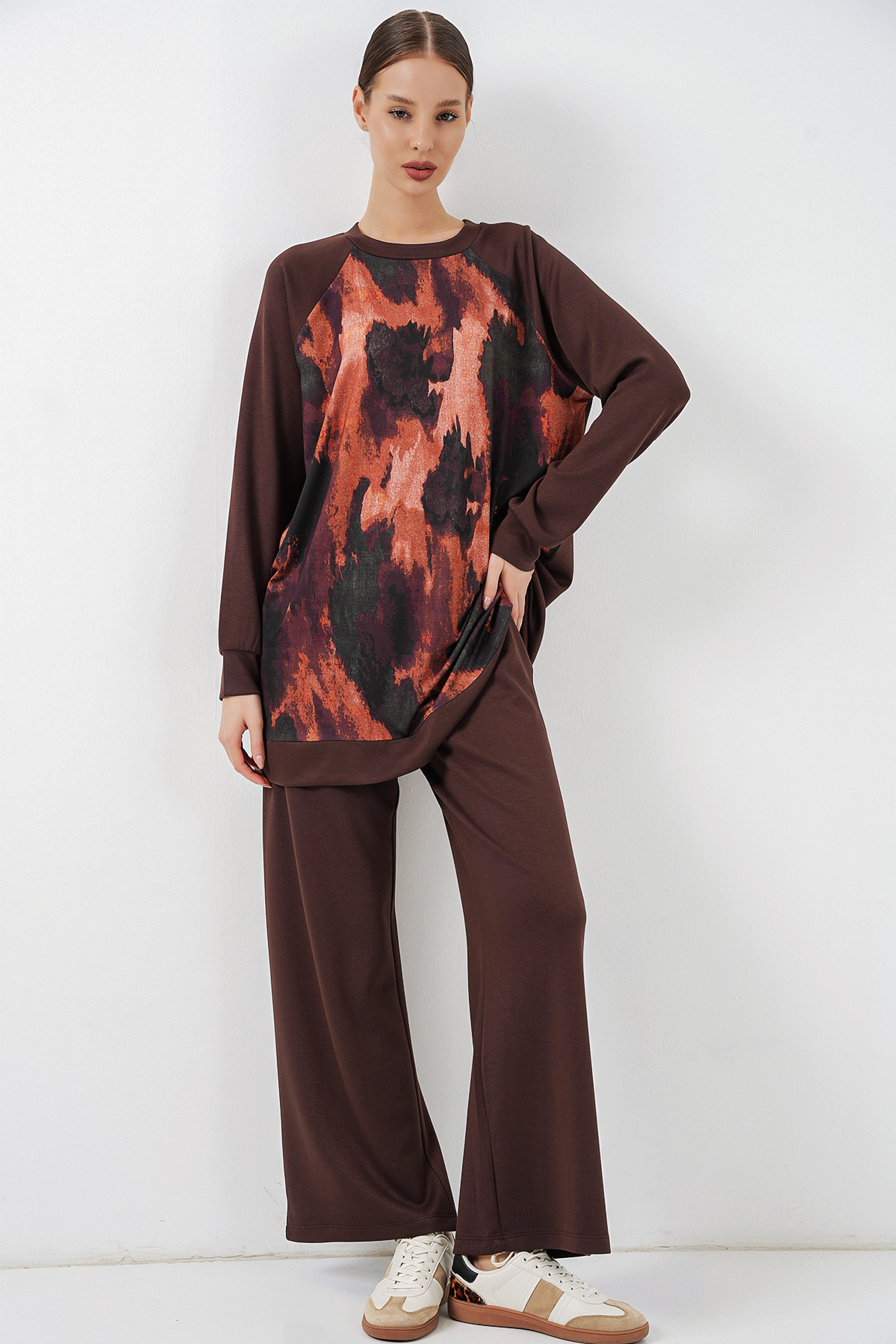 Bigdart Women's Patterned Oversized Tunic Trousers Double Set 55462 - Brown