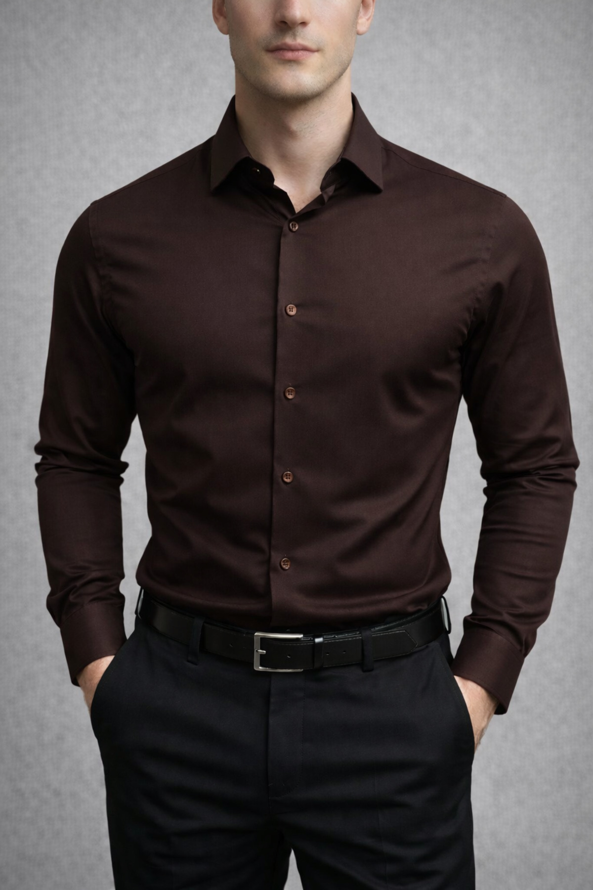 Slim Fit Uzun Kollu Kolay Ütü Teri Emen Nefes Alan Doku Kravatlık Dört Mevsim Erkek Gömlek — قهوه‌ای ZKV-5000 — تصویر 3 از 3