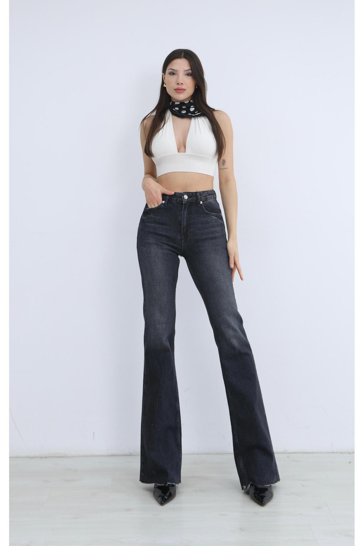 Ucajean  UCA JEAN Kadın Yüksek Bel Flare Füme Jean Pantolon