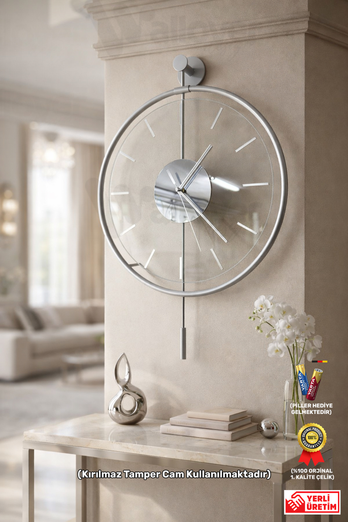 Messina Luxry Medium Silver Silent Metal Wall Clock, Decorative Modern Wall Clock 40x60