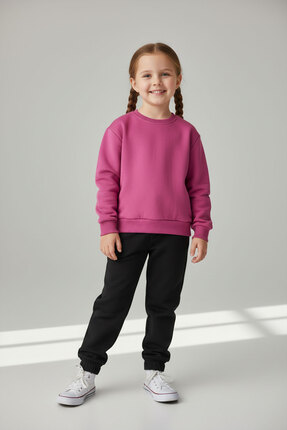 evavi Kız Çocuk Baskısız 2 Renk Bisiklet Yaka Pembe Sweatshirt ve Siyah Eşofm...