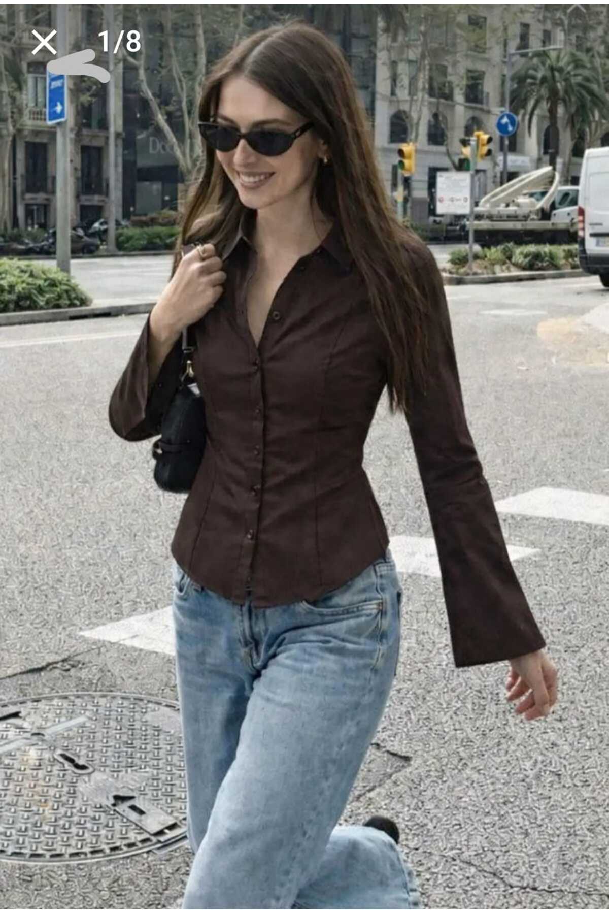 YEK&BİR  KADIN KAHVE BELDEN OTURTMALI İSPANYOL KOL DÜĞMELİ