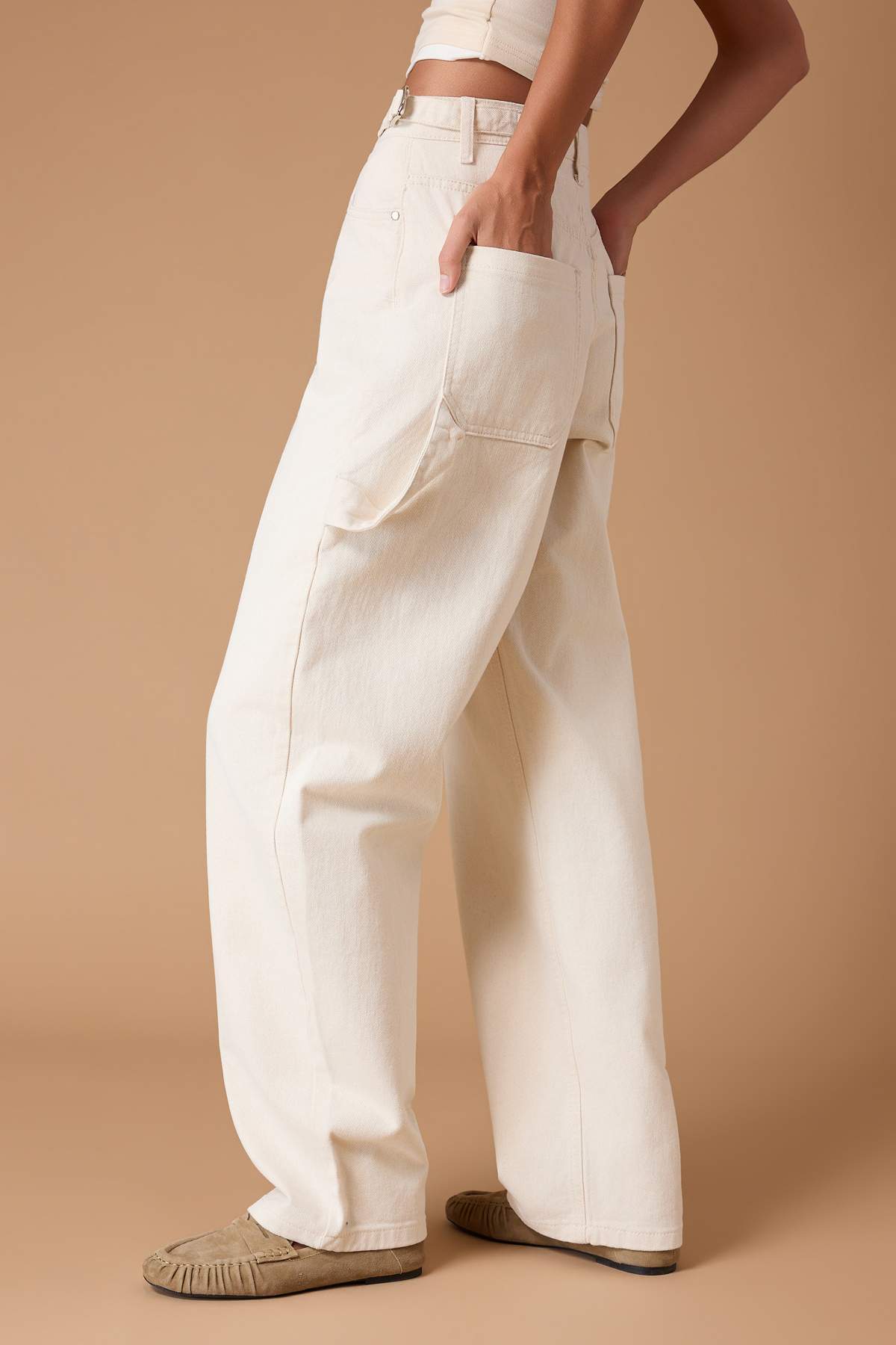 Trendyolmilla  Ekru Bol Kesim Yüksek Bel Carpenter Loose Baggy %100 Pamuk Non-Stretch Jeans TWOAW24JE00308 - Görsel 3