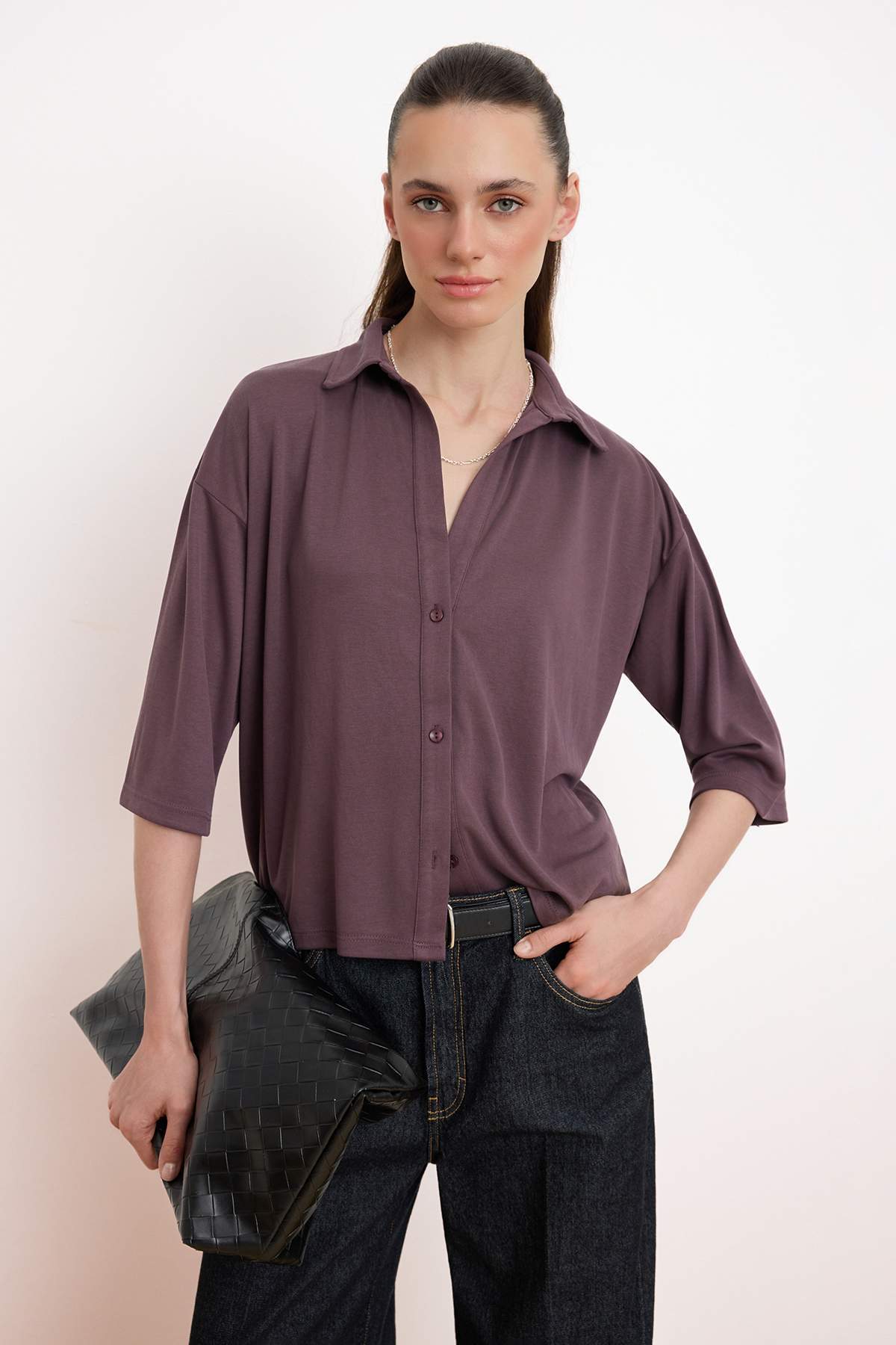 Trendyolmilla More Sustaniable Mürdüm Relaxed Polo Yaka Truvakar Modal Esnek Örme Bluz TWOSS26BZ00392
