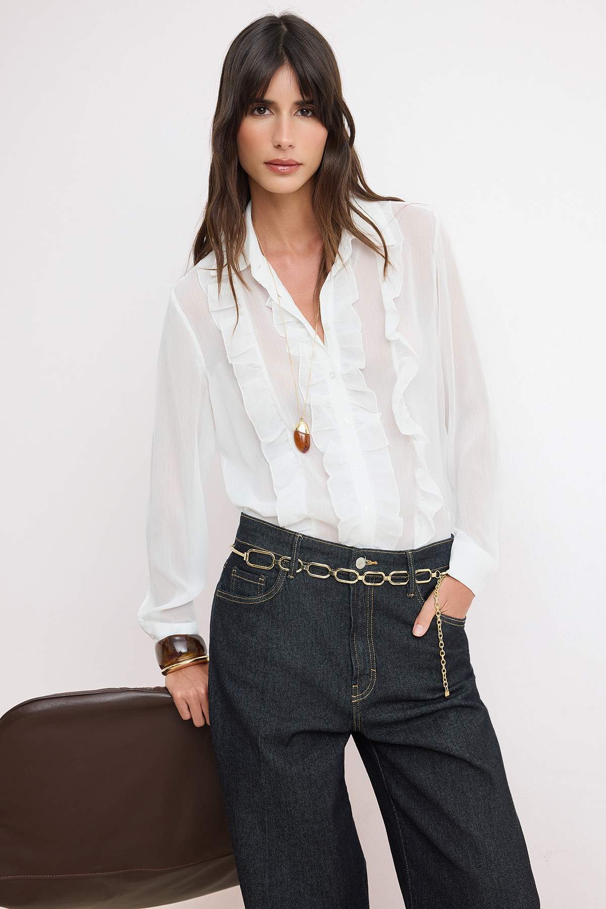 Trendyolmilla  Beyaz Fırfrılı Bohem Hafif Transparan Gömlek TWOSS26GO00121