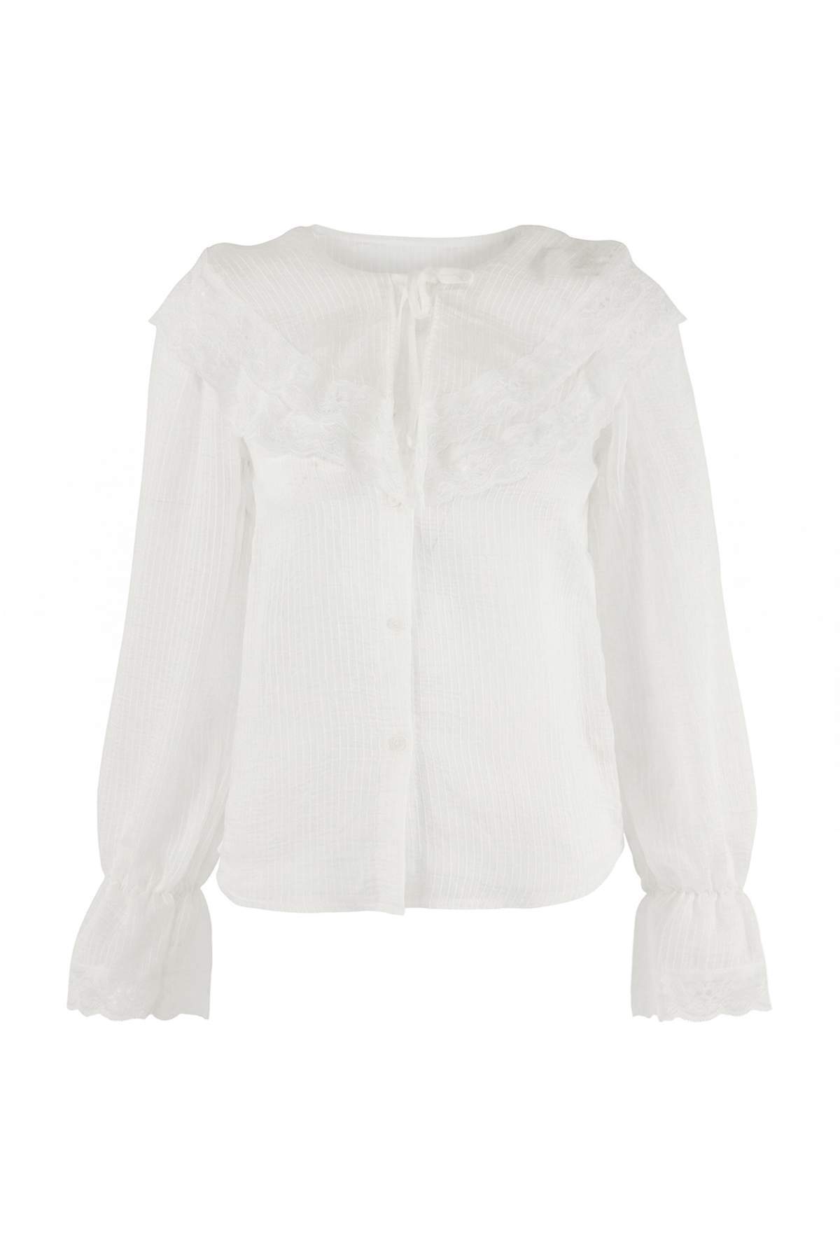 Trendyolmilla  Limited Edition Beyaz Hafif Transparan Dantel Garnili Gömlek TWOSS26GO00123