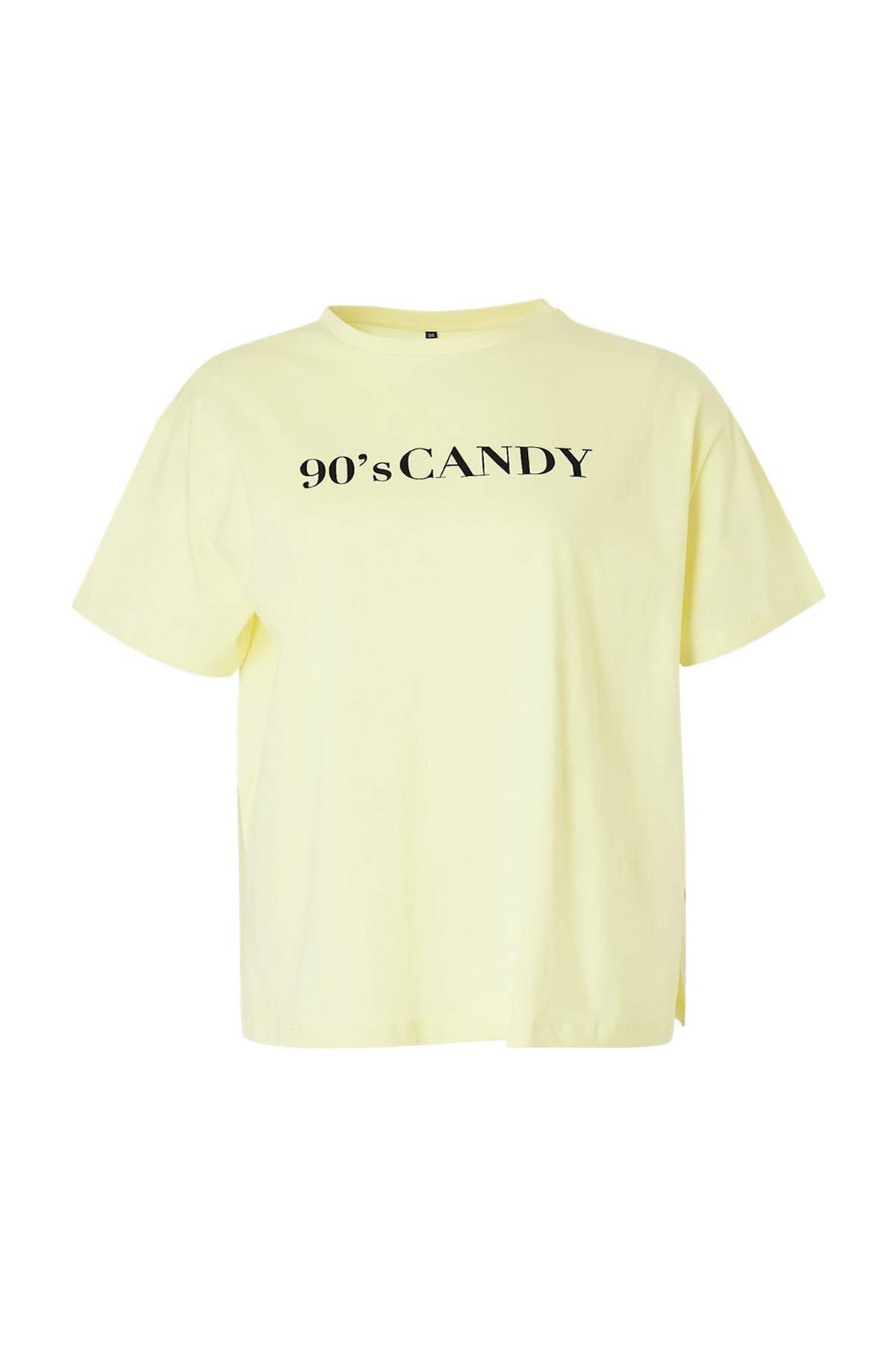 Trendyolmilla Curve Sarı Geniş Kalıp Baskılı Bisiklet Yaka %100 Pamuk Örme T-shirt TBBSS23BF00015