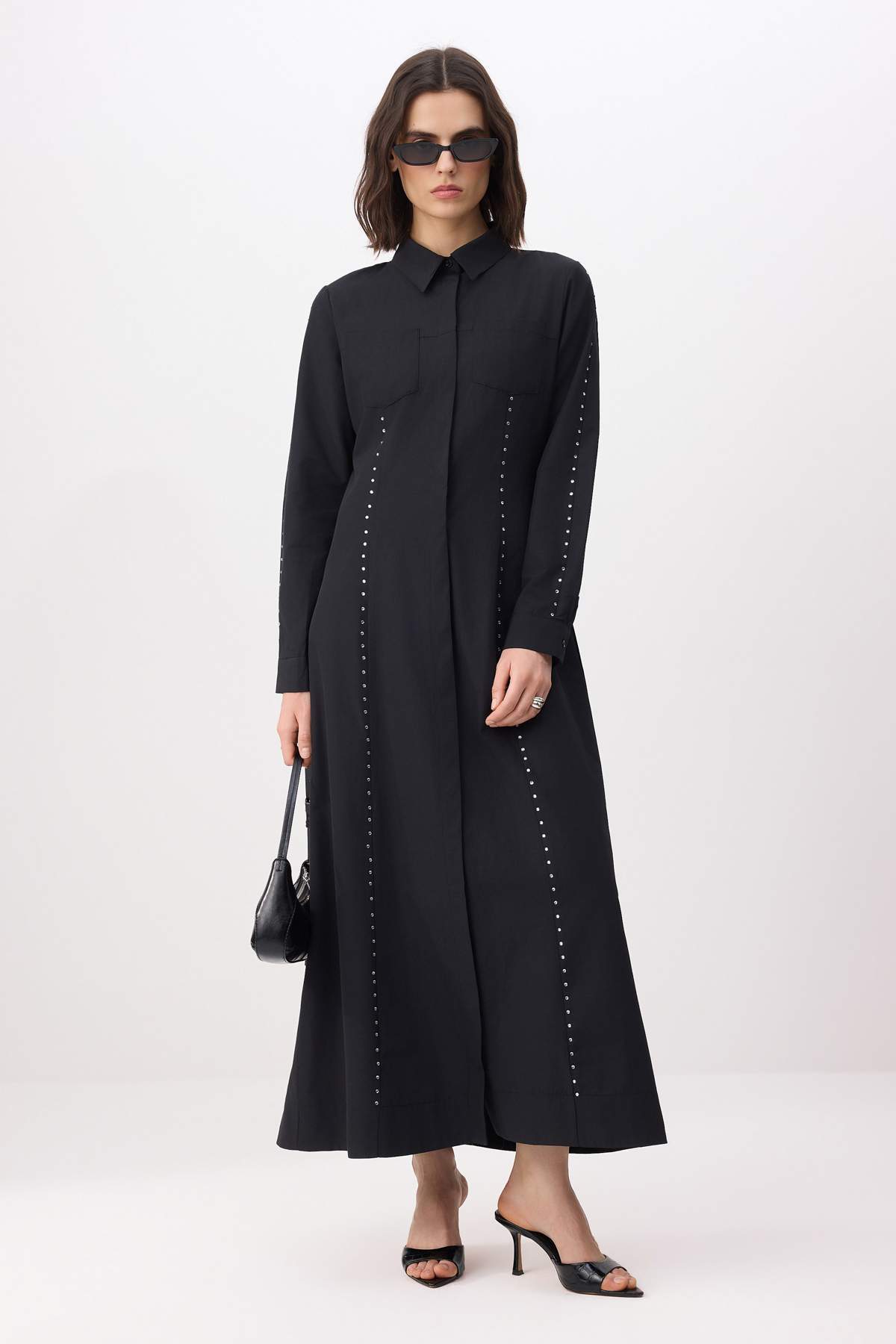 Trendyol Modest Black Stone Print Detailed Waist-Fitted Maxi Cotton Woven Hijab Dress Tctss26Eb00085