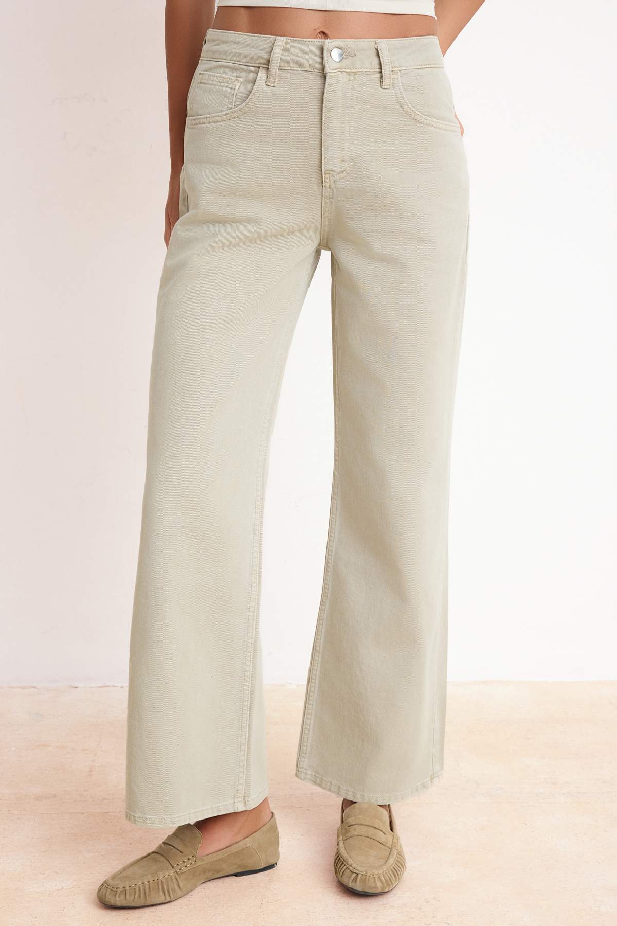 Trendyolmilla  Mint Yüksek Bel %100 Pamuk Wide Leg Geniş Paça Jeans TWOSS26JE00161 - Görsel 3