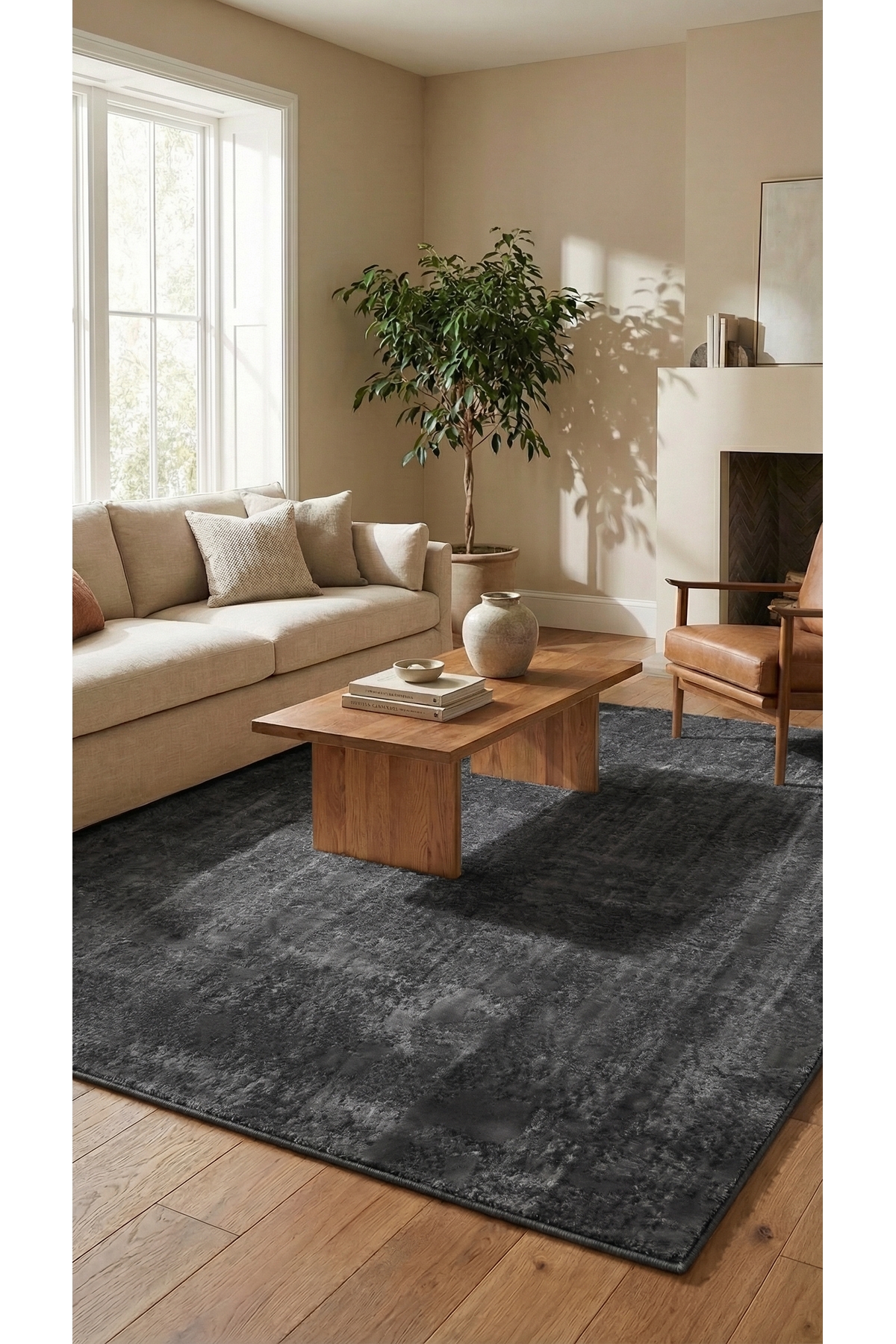 Yuma Anthracite Plush Carpet|Living Room -Kitchen-Entrance-Living Room-Soft-Anti-Slip Base-Washable–Modern