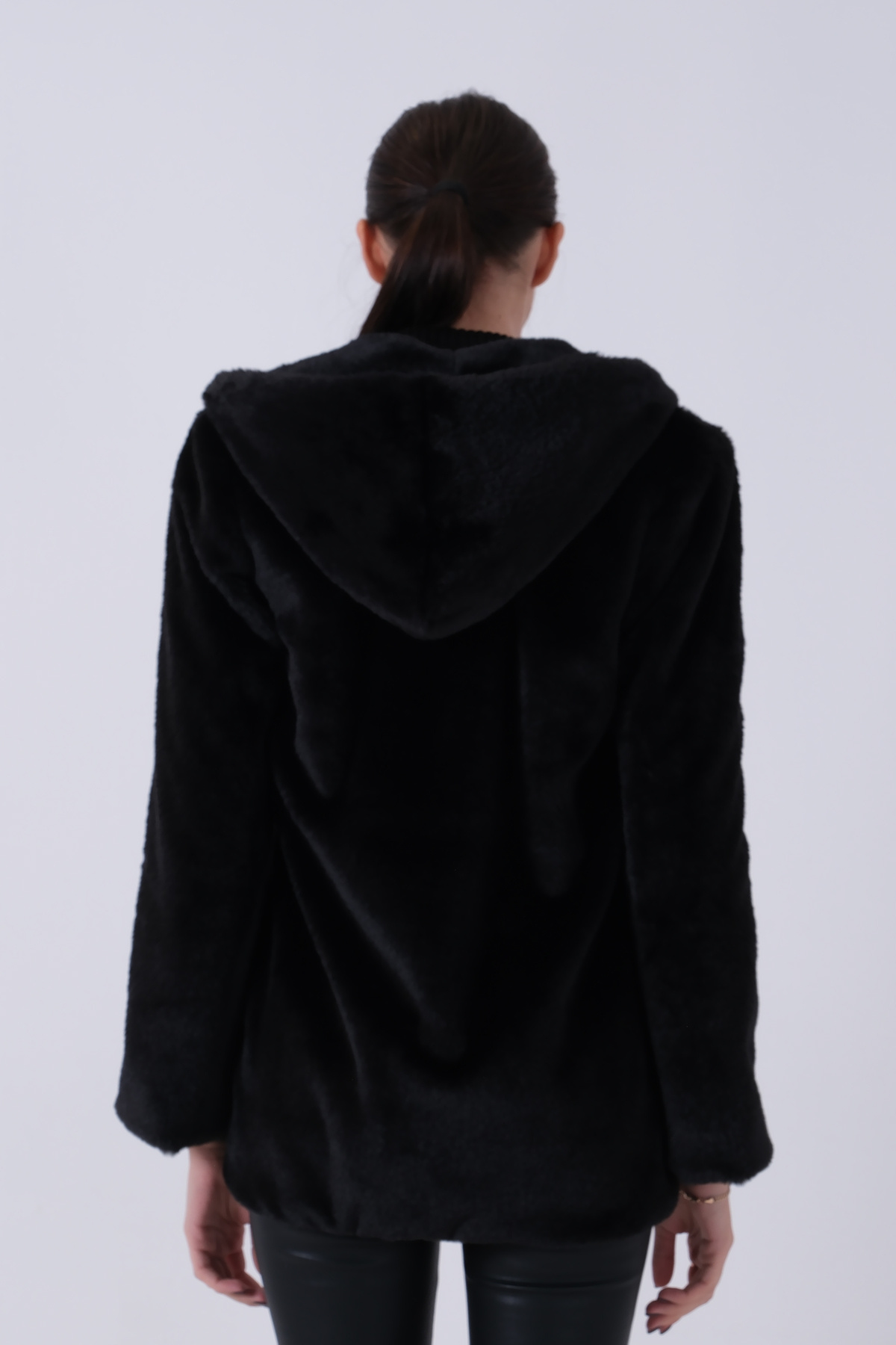 Feminist  Fermuarlı Oversize Kapüşonlu Çift Cepli Peluş Mont Siyah 0108078 - Görsel 6