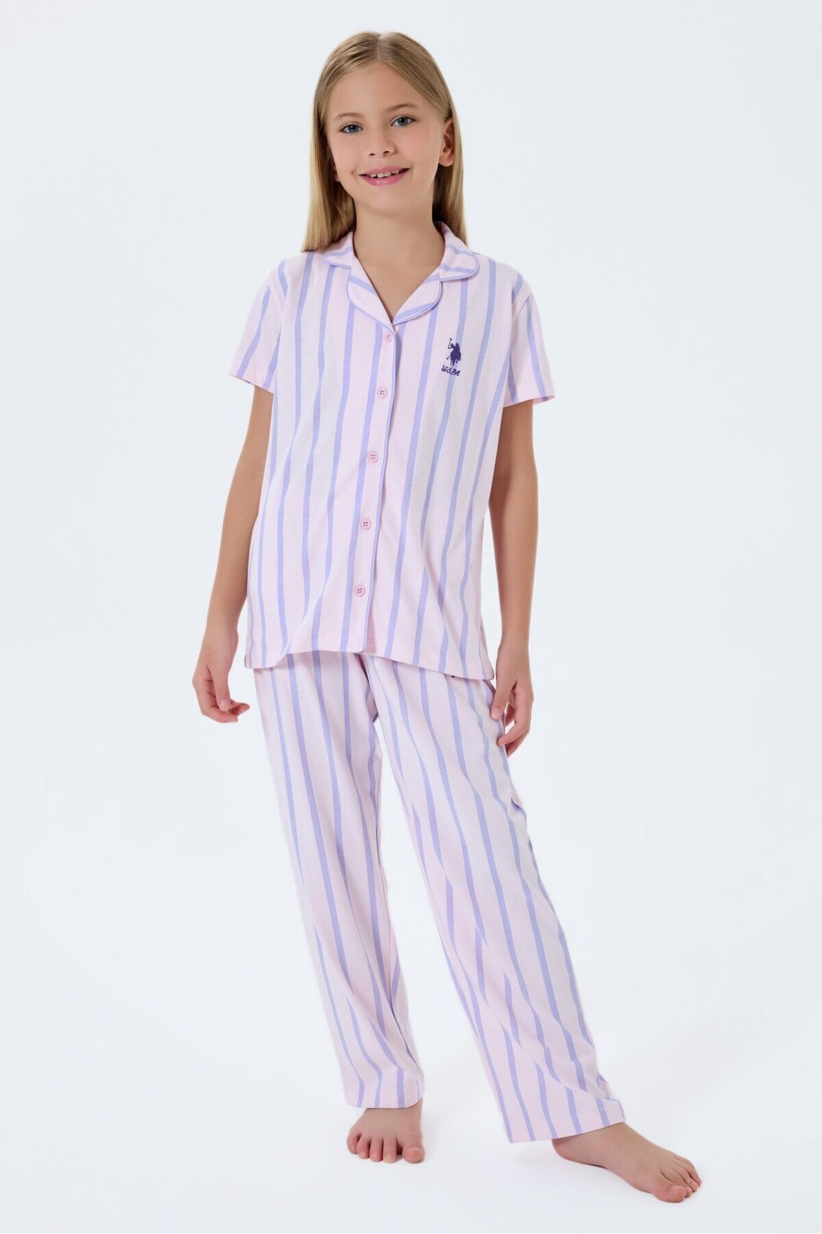 U.S. Polo Assn. Girl's Shirt Collar Embroidered Summer Relaxed Fit Purple Pajama Set Us2533-C-V1