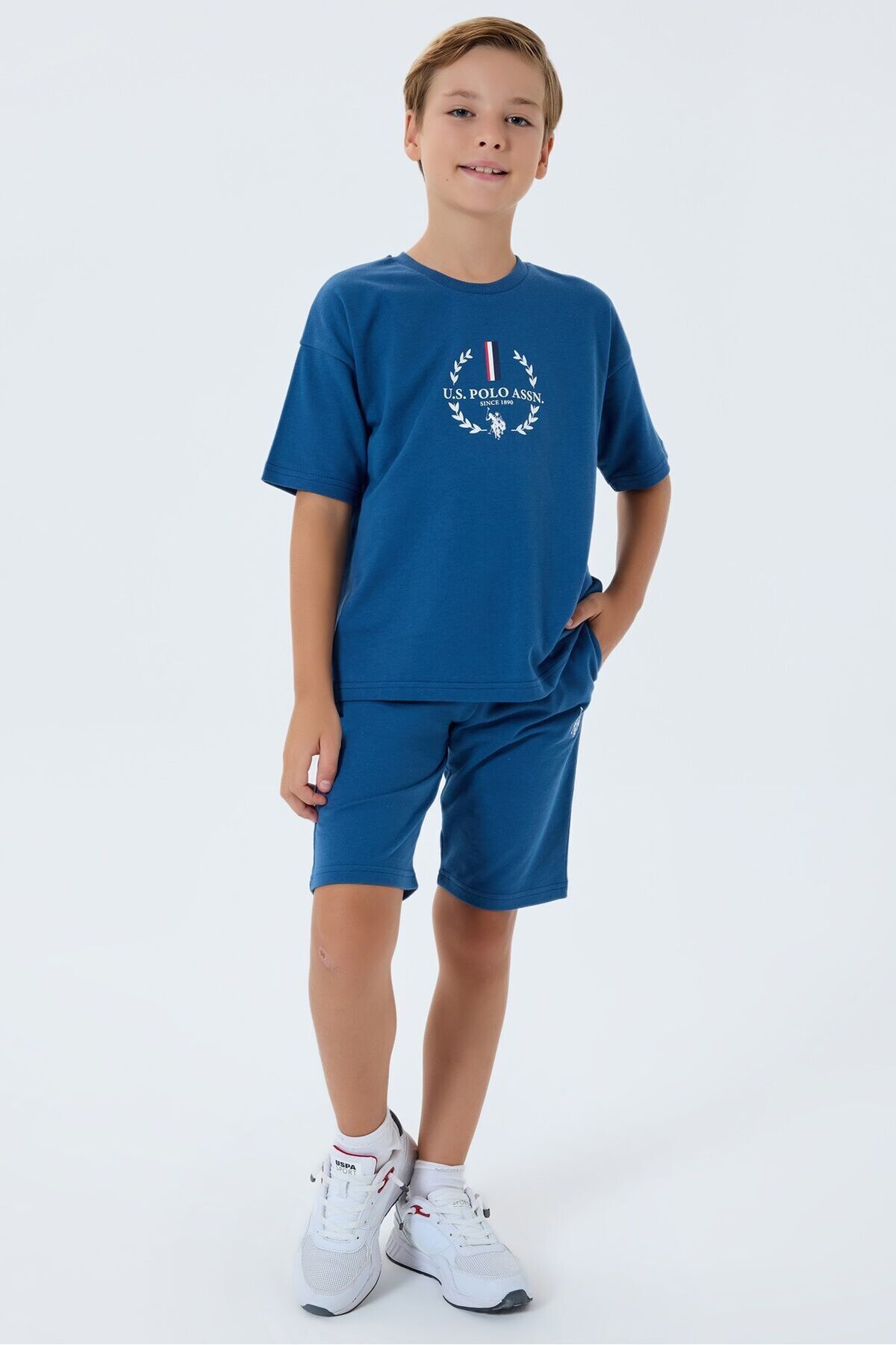 U.S. Polo Assn. Boy's Crew Neck Embroidered Summer Regular Fit Navy Blue Bermuda Suit Us2408-C-V2