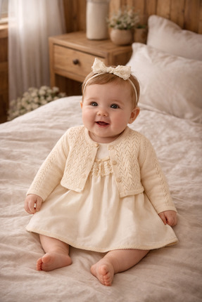 limebabies NOYNOY KIZ BEBEK 9-24 AY ROBA DANTEL DETAYLI ELBİSELİ BOLEROLU TAKIM