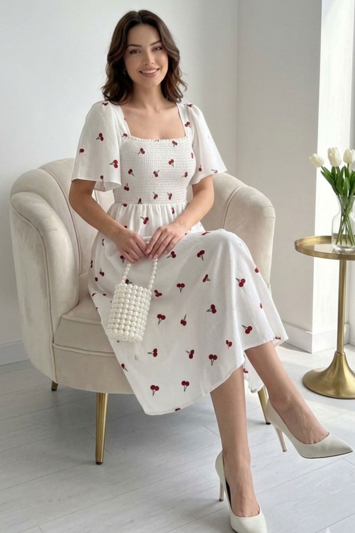 Thiff  Gipeli Kemerli Kare Yaka Elbise Uzun Poplin Elbise - Görsel 4