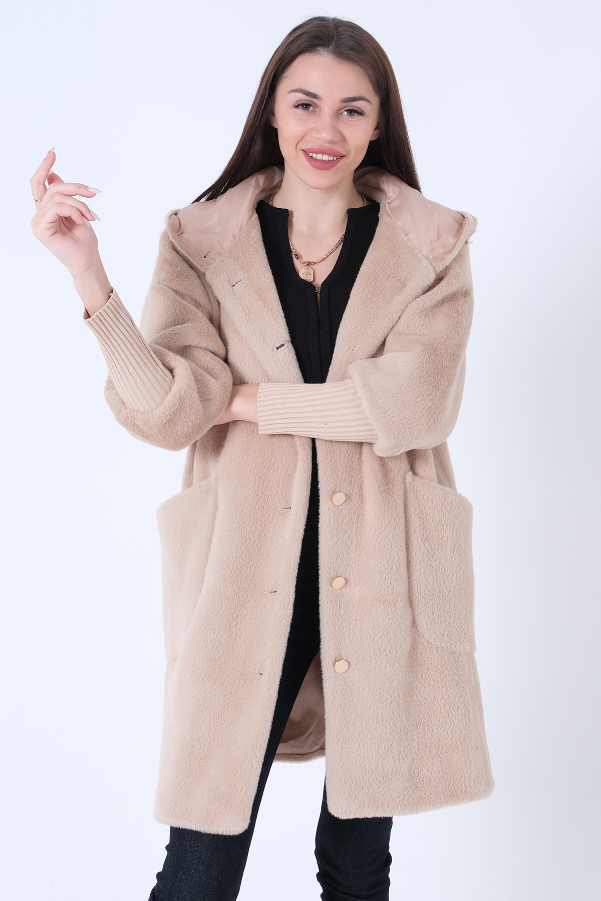 Feminist  Gold Düğmeli Kapüşonlu Yün Peluş Kaban Taş 44510388 - Görsel 4