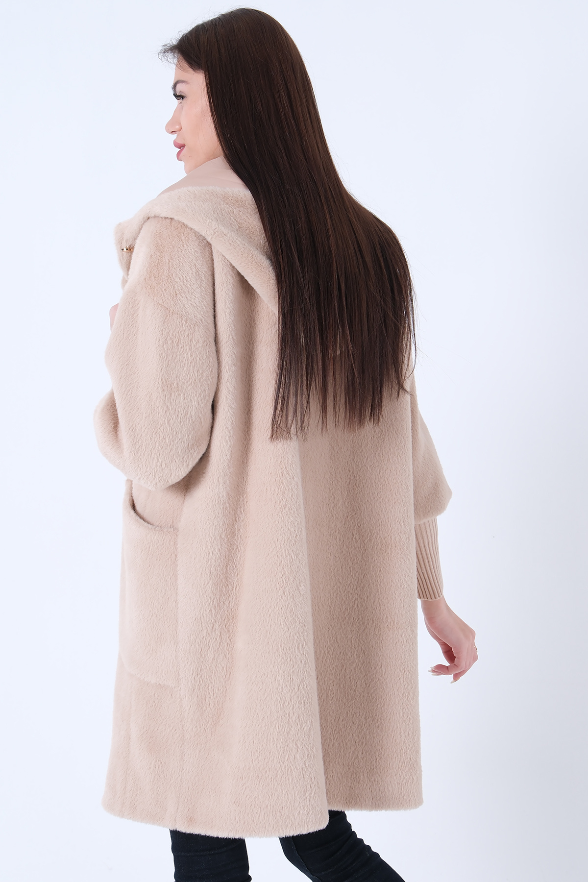 Feminist  Gold Düğmeli Kapüşonlu Yün Peluş Kaban Taş 44510388 - Görsel 7