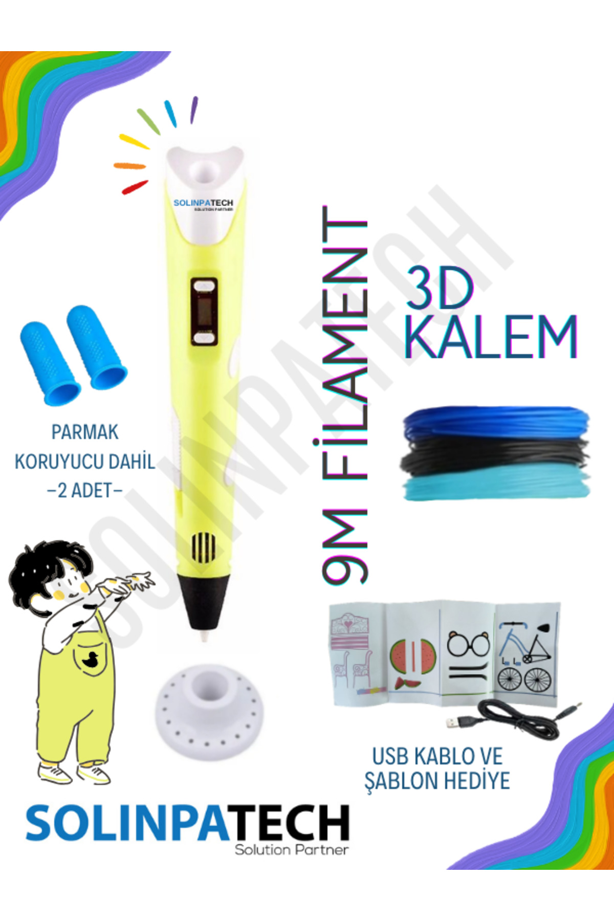 Yellow 3d Pen 3d Pen 3D Printer Pen 3 Colors 9 Meters Filament Usb Cable