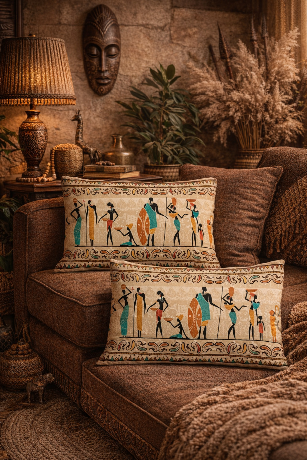 Cream Floor Ethnic African Turquoise Pattern 2-Piece Rectangular Pillowcase
