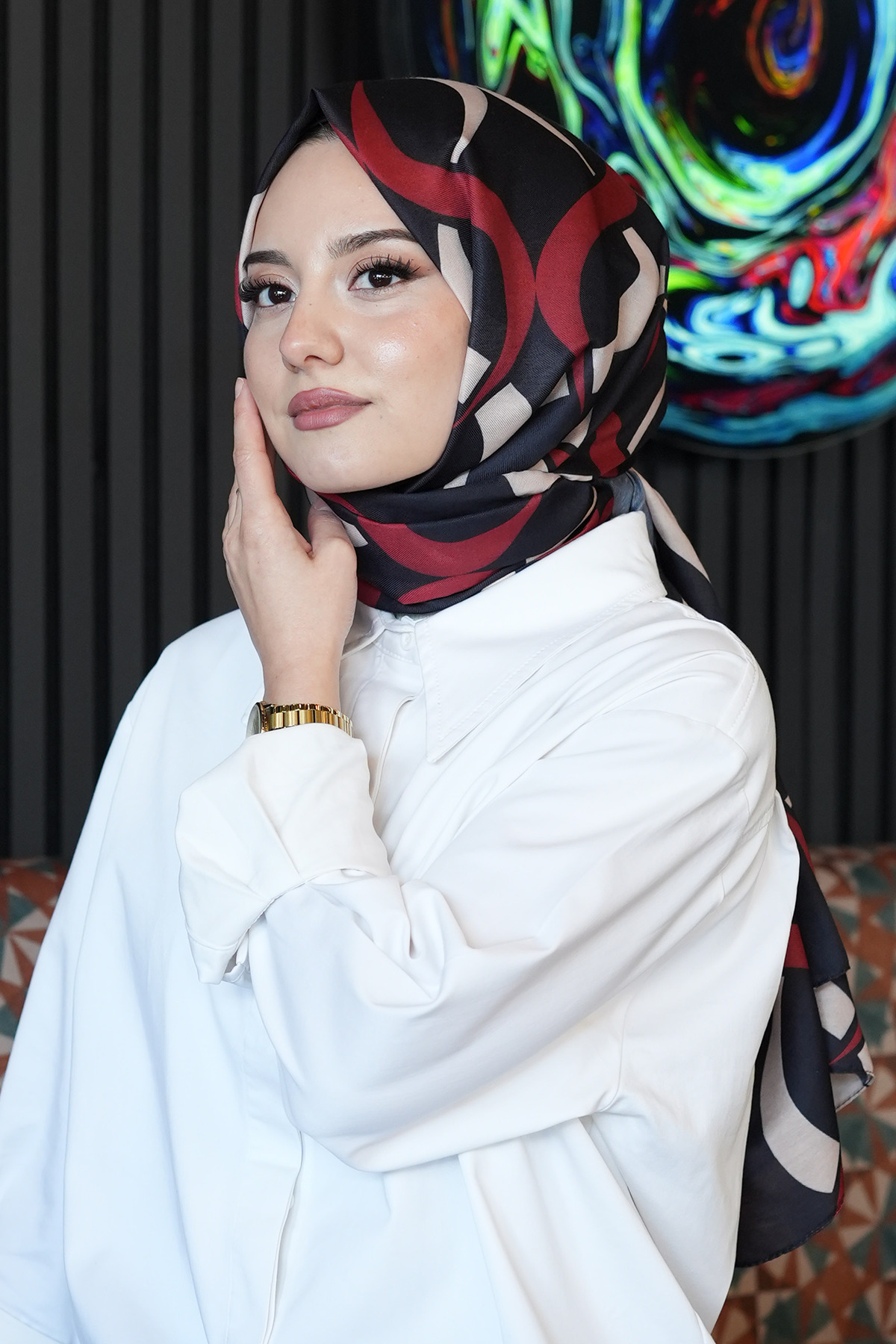 AFVENTE  Geometrik Desen Kırmızı Soft Pamuk Şal