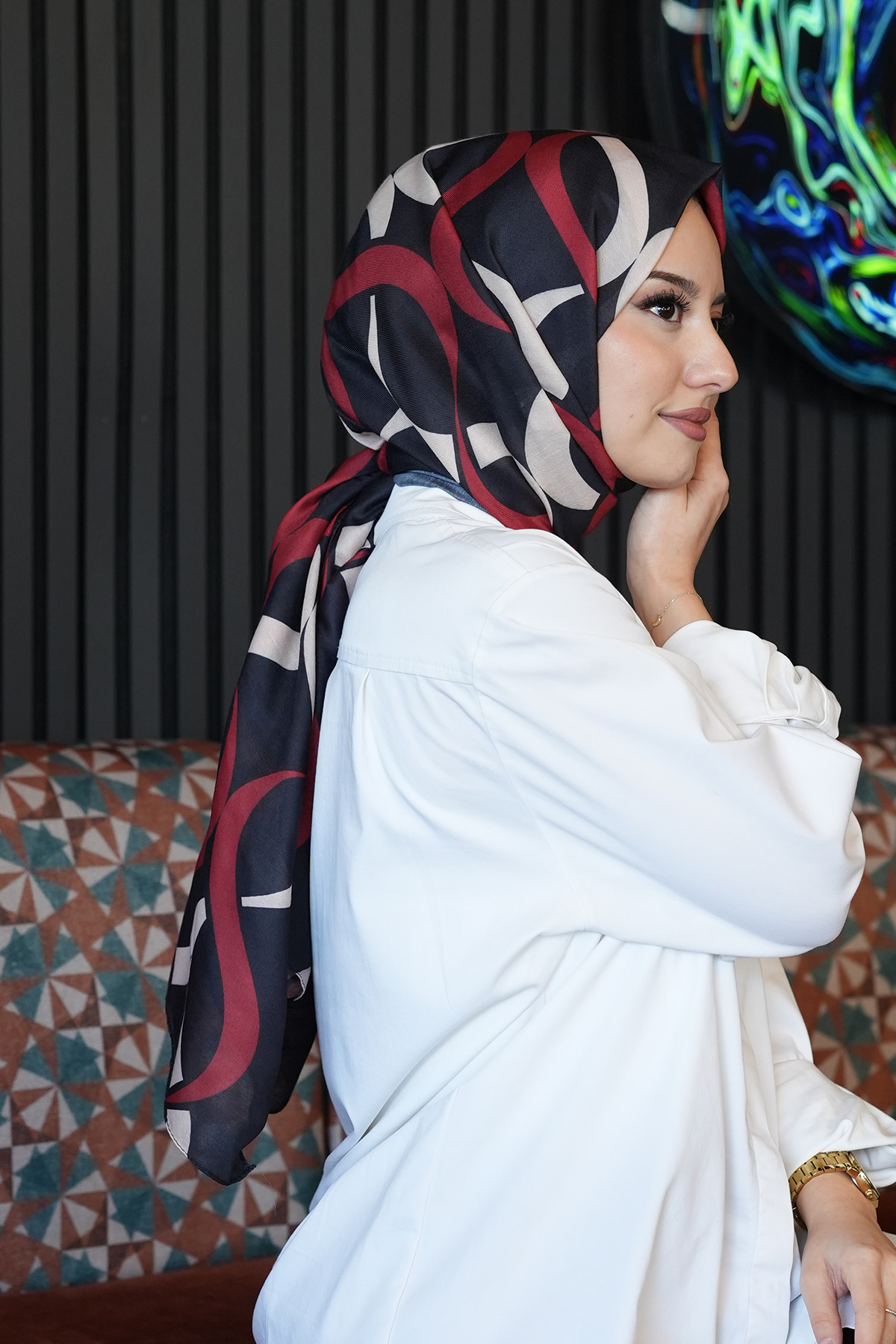 AFVENTE  Geometrik Desen Kırmızı Soft Pamuk Şal - Görsel 3