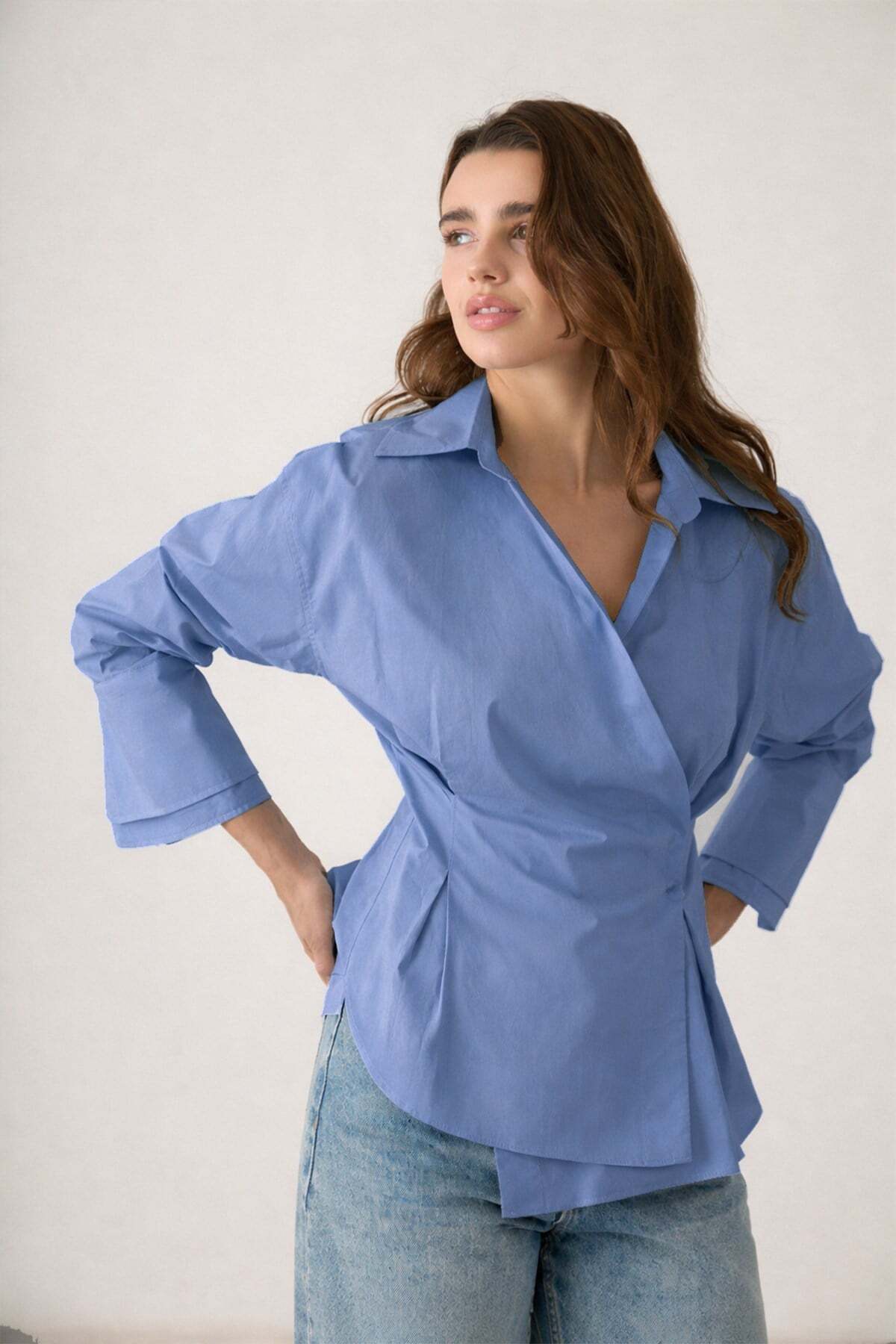 Blue Waist Detailed Asymmetrical Closed Long Sleeve Wide Cut Shirt