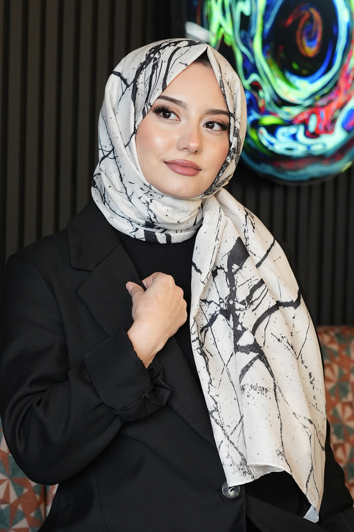 AFVENTE  Mermer Desen Beyaz Soft Pamuk Şal - Görsel 2