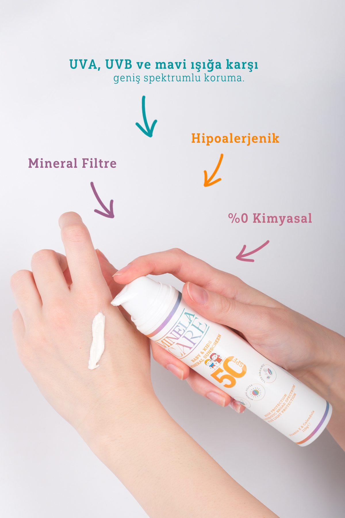 Minelacare Organik Mineral Filtreli Bebek ve Çocuk Güneş Kremi SPF 50 110 g %25 Non-Nano Çinko Oksit fotoğrafı 3 (önizleme)