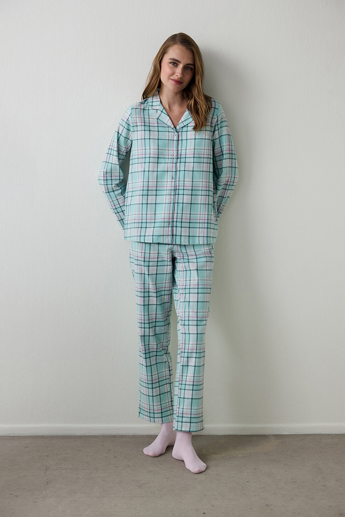 Penti Mint Ellie Plaid Shirt Collar Long Sleeve Pajama Set