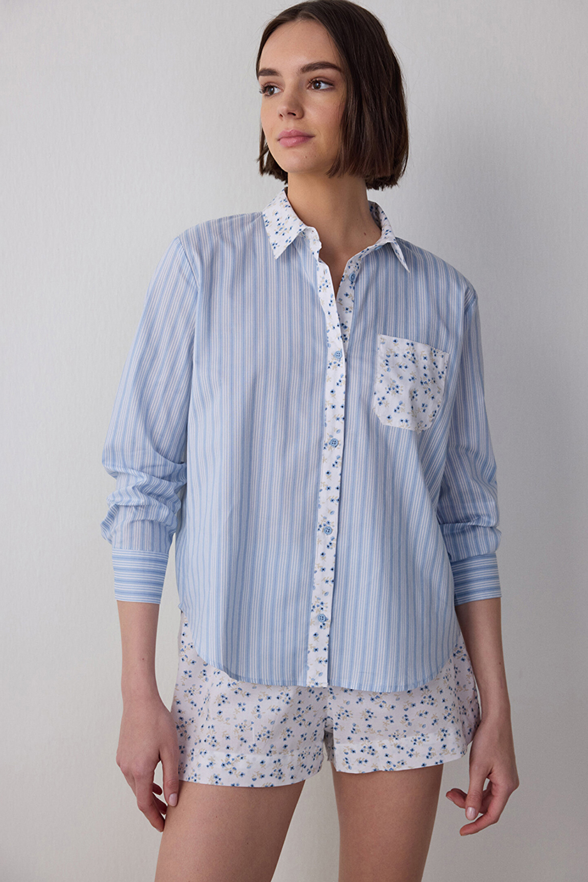 Penti Blue Shirt Collar Long Sleeve Shorts Pajama Set