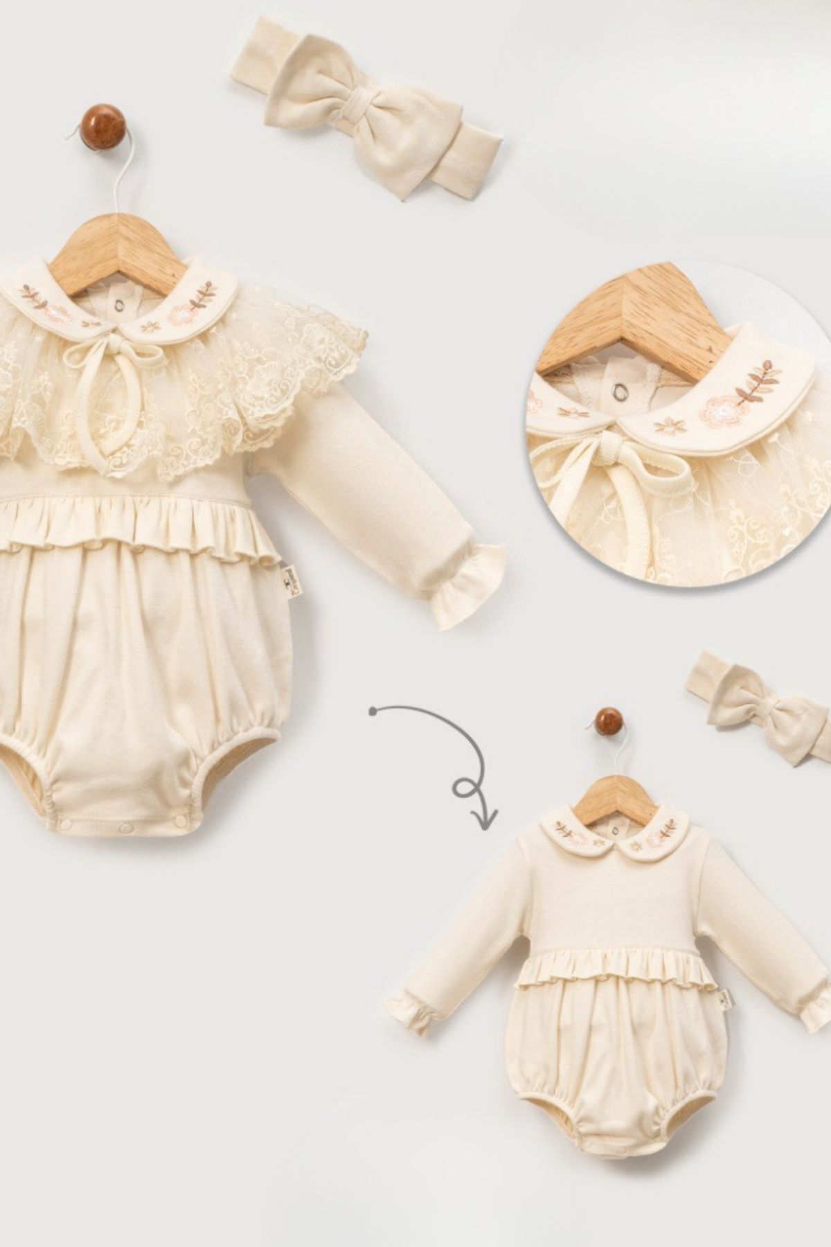 Minytrendy Kız Bebek Vintage Konsept Yenidoğan Tulum Romper Bandanalı Hediyelik Mevlüt Bayramlık Takım fotoğrafı 5 (önizleme)