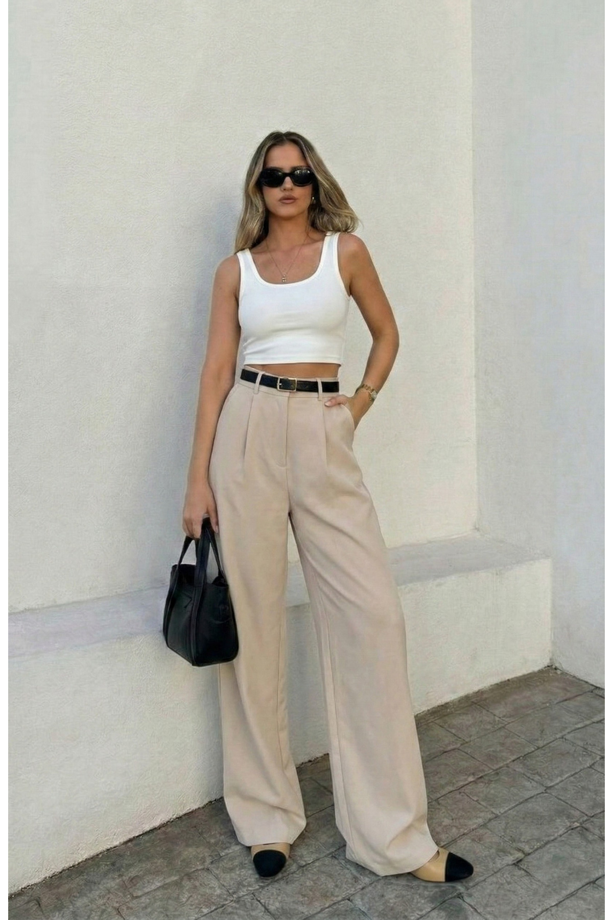 leymoda  Kadın Pileli Pantolon Yüksek Bel Palazzo Kumaş Pantolon - Görsel 2