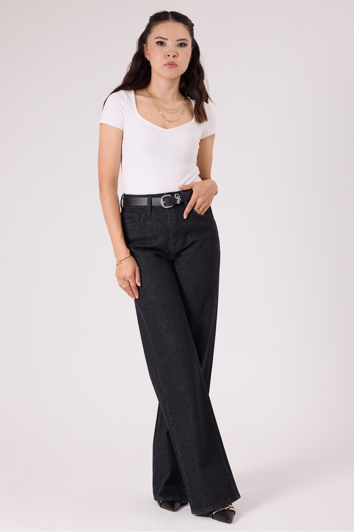 Women's High Waist Wide Leg Jean Pants Enzyme Wash Lycra Stretch Fabric Long