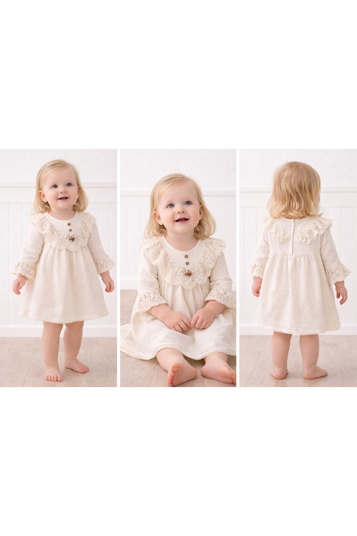 DIDuStore Dantel Yaka ve Kol Detaylı Zarif Bej Kız Bebek Elbisesi fotoğrafı 2 (önizleme)