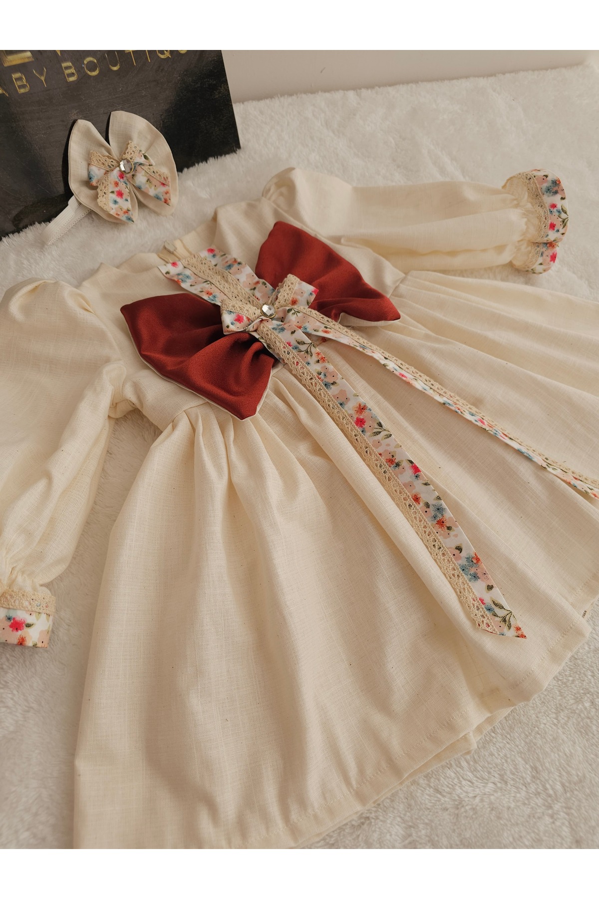 Elwirababyboutiqe Floral Lace Patterned Dress with Bow Detail