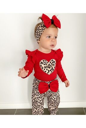 pony baby 'pony ile özel hisset' LEOPAR KALPLİ KIZ BEBEK 3'LÜ TAKIM