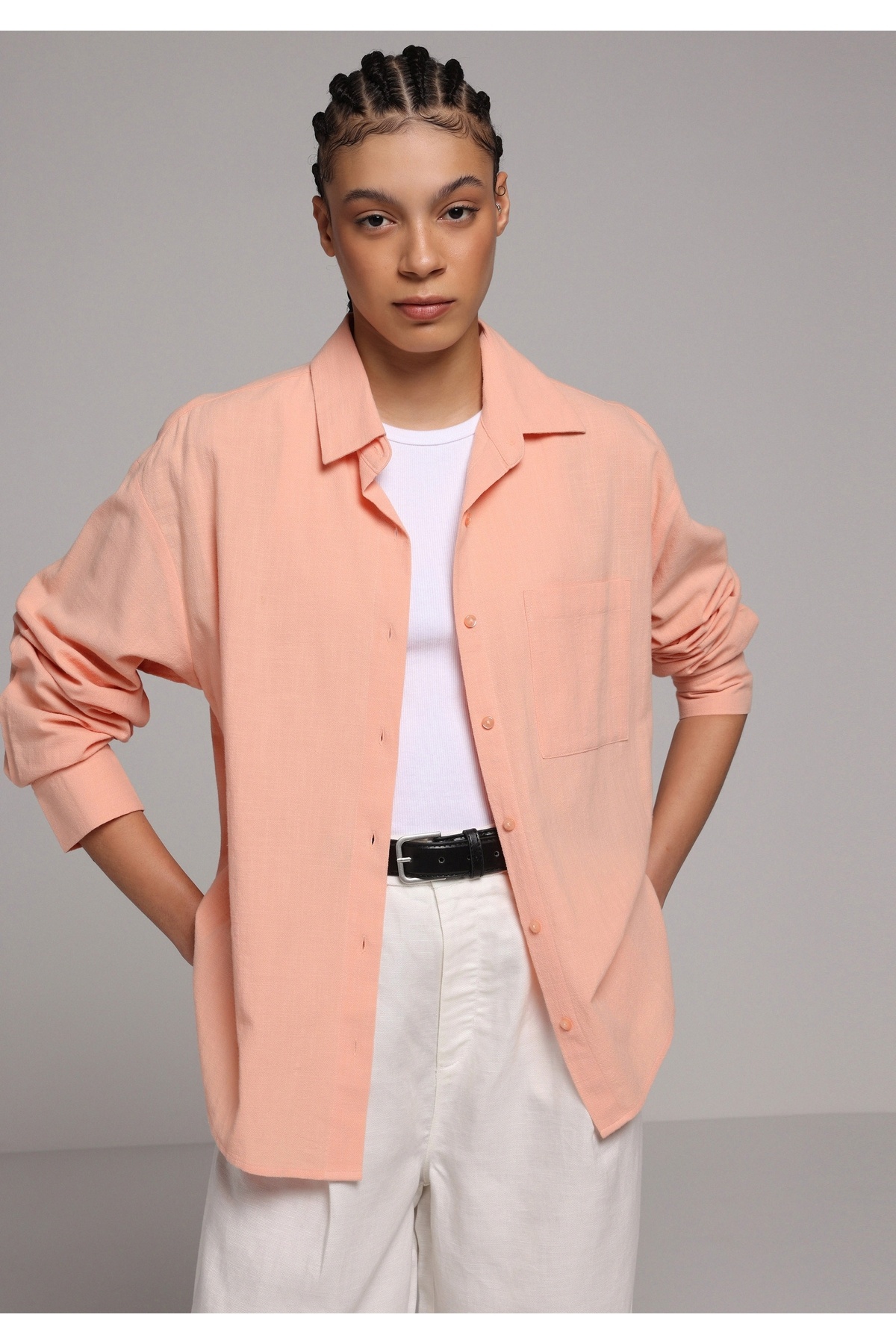 Colin’s  Boyfriend Fit Shirt Neck Düz Kadın Taş Uzun Kol Gömlek