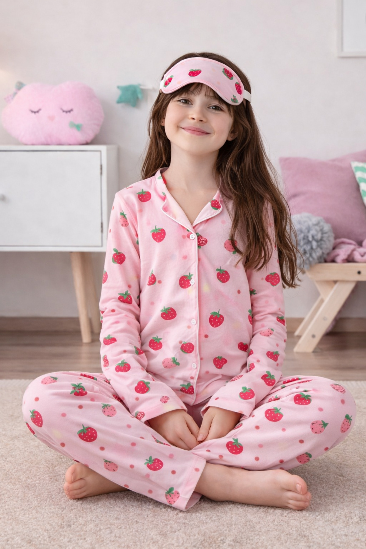 Minimoon Kız çocuk Pamuklu düğmeli desenli mevsimlik pijama takımı fotoğrafı 2 (önizleme)