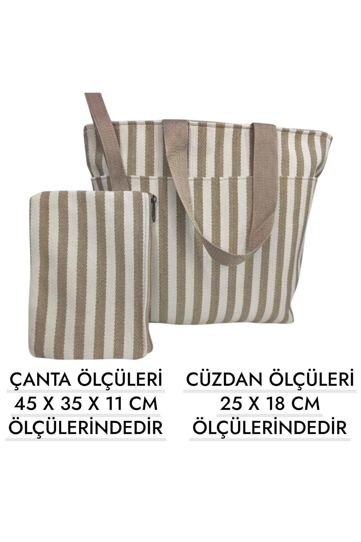 LIGHTINGHM BEJ KREM KETEN DOKUMA PLAJ ÖNÜ CEPLİ PİKNİK ÇANTASI VE CÜZDAN 2 Lİ görsel 2