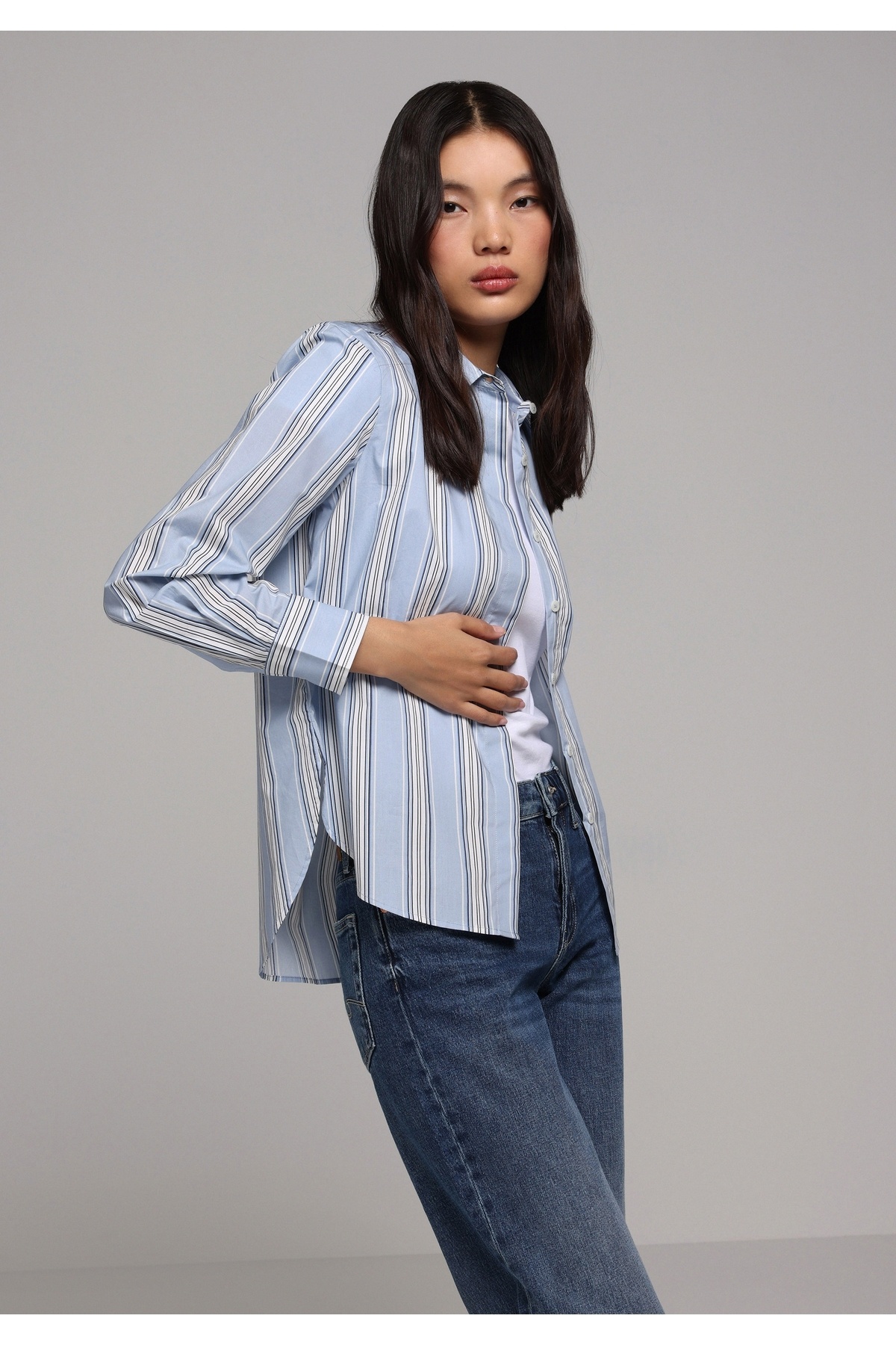 Colin’s  Regular Fit Shirt Neck Çizgili Kadın Mavi Uzun Kol Gömlek