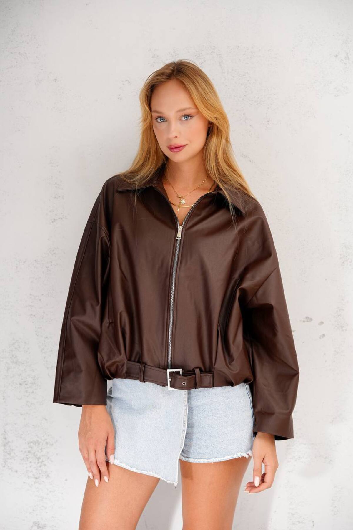 Oversize Belted Bitter Brown Bomber Women's Jacket